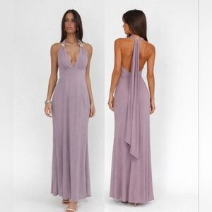 NWT Selfie Leslie Lavender Halter Maxi Dress Tie Long Train Gown Purple Small S
